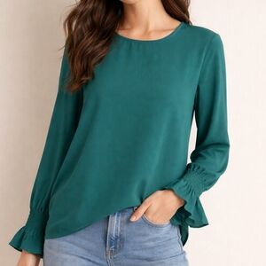 Emerald Green Boho Smocked Cuff Blouse Minimalist Keyhole Back Top Size Medium